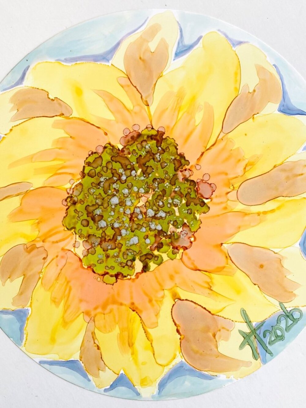Happy Day Sunflower Original Alcohol Ink Painting Round Artwork 8in Diam